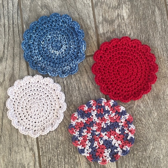 Other - Handmade Crochet Round Coasters - Set of 4 in Blue, Red, White & Multicolor
